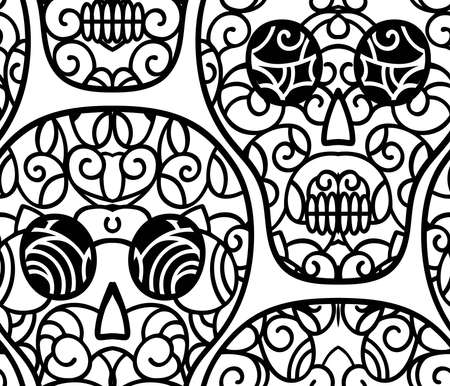 Skulls seamless background pattern. Floral design elements .Fabric swatch. Tribal style. Vector illustration hand drawn. Line art.のイラスト素材