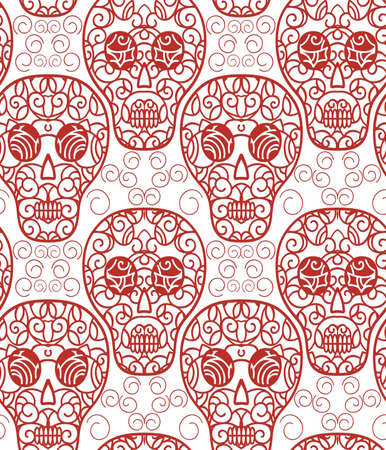Skulls seamless background pattern. Fabric swatch. Tribal style. Vector illustration hand drawn. Line art.のイラスト素材