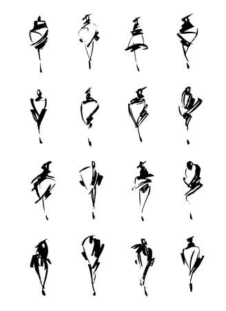 Fashion models sketches hand drawn. Fashion logos set. Vector illustration isolated on white.のイラスト素材