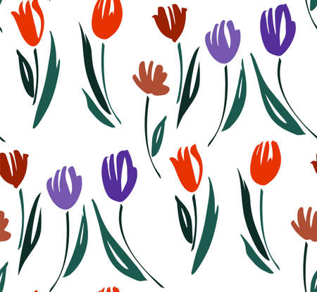 Floral seamless background pattern with tulips. Spring flowers blossom vector illustration hand drawn.のイラスト素材