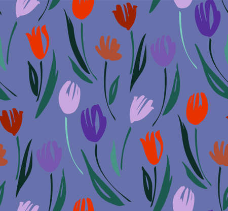 Floral seamless background pattern with tulips. Spring flowers blossom vector illustration hand drawn.のイラスト素材
