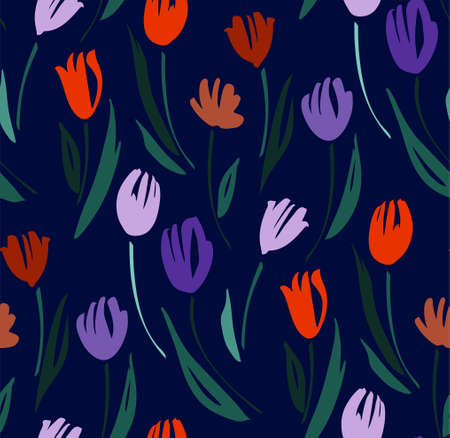 Floral seamless background pattern with tulips. Spring flowers blossom vector illustration hand drawn.のイラスト素材