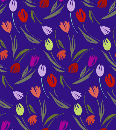 Floral seamless background pattern with tulips. Spring flowers blossom vector illustration hand drawn.のイラスト素材