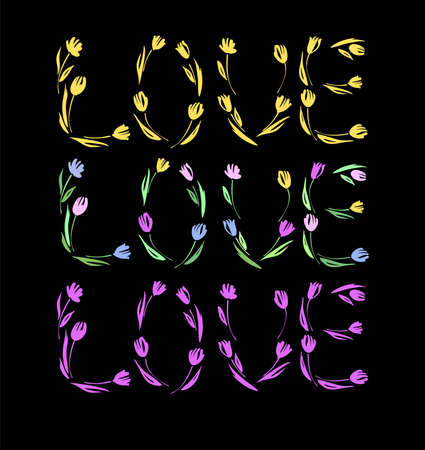 Happy Valentine's day, wedding, love greeting card. Love you lettering with tulips hand drawn.のイラスト素材