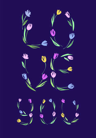 Happy Valentine's day, wedding, love greeting card. Love you lettering with tulips hand drawn.のイラスト素材