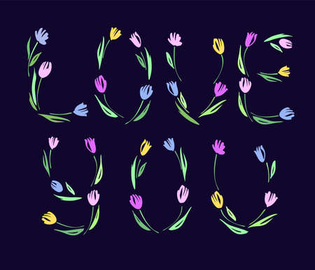 Happy Valentine's day, wedding, love greeting card. Love you lettering with tulips hand drawn.のイラスト素材