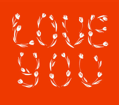 Happy Valentine's day, wedding, love greeting card. Love you lettering with tulips hand drawn.のイラスト素材