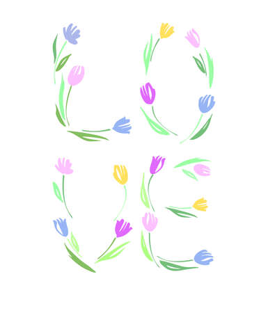 Happy Valentine's day, wedding, love greeting card. Love you lettering with tulips hand drawn.のイラスト素材