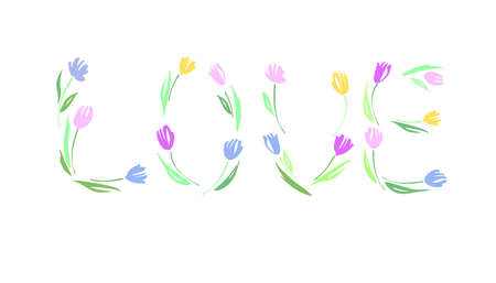 Happy Valentine's day, wedding, love greeting card. Love you lettering with tulips hand drawn.のイラスト素材