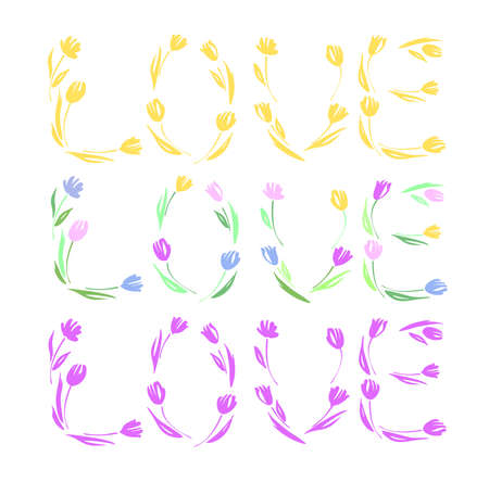 Happy Valentine's day, wedding, love greeting card. Love you lettering with tulips hand drawn.のイラスト素材