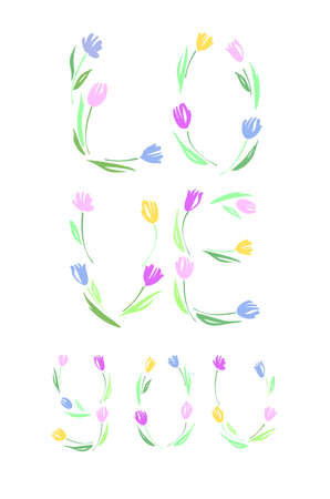 Happy Valentine's day, wedding, love greeting card. Love you lettering with tulips hand drawn.のイラスト素材