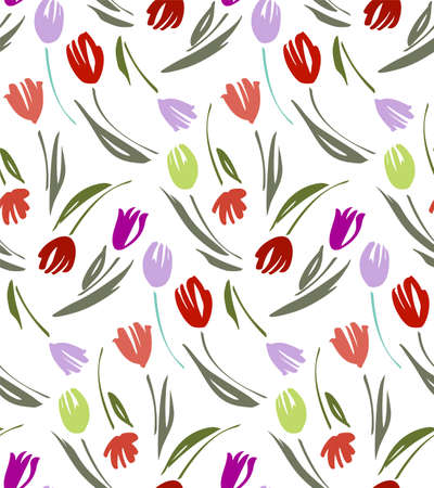 Floral seamless background pattern with tulips. Spring flowers blossom vector illustration hand drawn.のイラスト素材