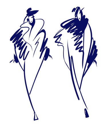 Fashion models sketch hand drawn, stylized silhouettes isolated on white. Vector fashionable illustration set.のイラスト素材