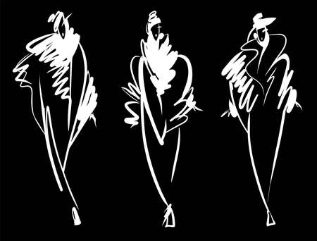 Fashion models sketch hand drawn, stylized silhouettes. Vector fashionable illustration set.のイラスト素材