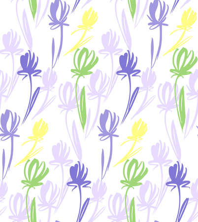 Floral seamless background pattern with tulips. Spring flowers blossom vector illustration hand drawn.のイラスト素材