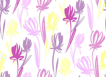 Floral seamless background pattern with tulips. Spring flowers blossom vector illustration hand drawn.のイラスト素材