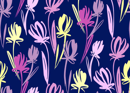 Floral seamless background pattern with tulips. Spring flowers blossom vector illustration hand drawn.のイラスト素材