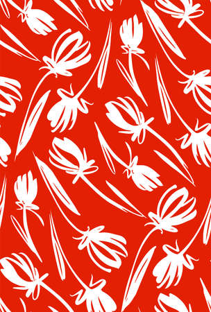 Floral seamless background pattern with tulips. Spring flowers blossom vector illustration hand drawn.のイラスト素材