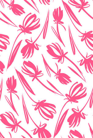 Floral seamless background pattern with tulips. Spring flowers blossom vector illustration hand drawn.のイラスト素材
