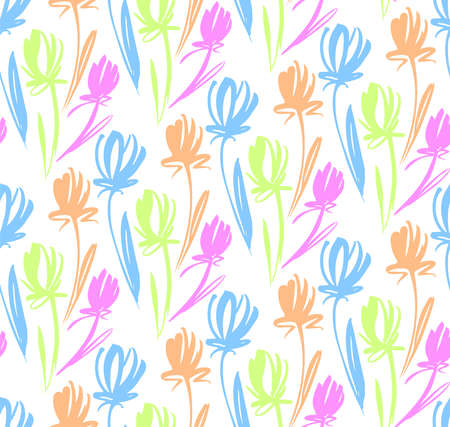 Floral seamless background pattern with tulips. Spring flowers blossom vector illustration hand drawn.のイラスト素材