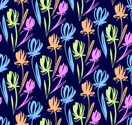 Floral seamless background pattern with tulips. Spring flowers blossom vector illustration hand drawn.のイラスト素材