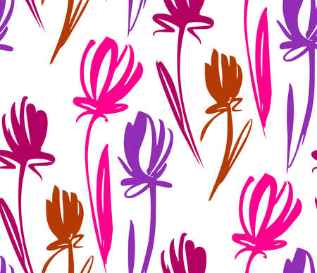 Floral seamless background pattern with tulips. Spring flowers blossom vector illustration hand drawn.のイラスト素材