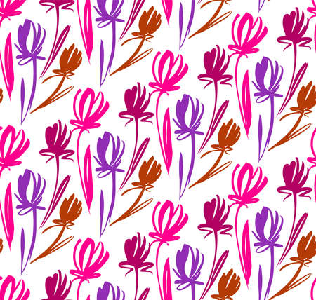 Floral seamless background pattern with tulips. Spring flowers blossom vector illustration hand drawn.のイラスト素材