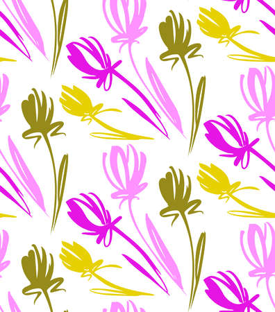 Floral seamless background pattern with tulips. Spring flowers blossom vector illustration hand drawn.のイラスト素材