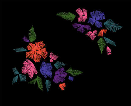 Floral pattern with fantasy flowers isolated. Line art. Vector illustration hand drawn . Embroidery design elements - flowers, leaves.のイラスト素材