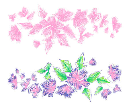 Floral pattern with fantasy flowers isolated on white. Line art. Vector illustration hand drawn. Embroidery design elements - flowers and leaves.のイラスト素材