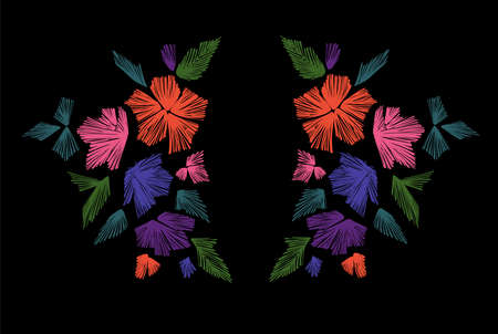 Foral pattern with fantasy flowers isolated. Line art. Vector illustration hand drawn. Embroidery design elements - flowers, leaves.のイラスト素材