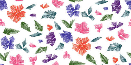 Floral seamless background pattern with fantasy flowers and leaves  Line art. Embroidery flowers. Vector illustration.のイラスト素材