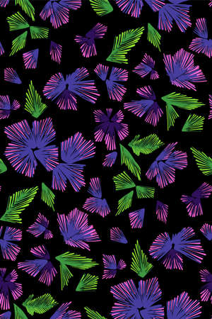 Floral seamless background pattern with fantasy flowers and leaves  Line art. Embroidery flowers. Vector illustration.のイラスト素材