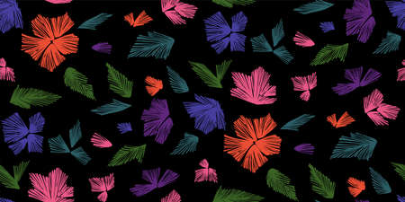Floral seamless background pattern with fantasy flowers and leaves  Line art. Embroidery flowers....