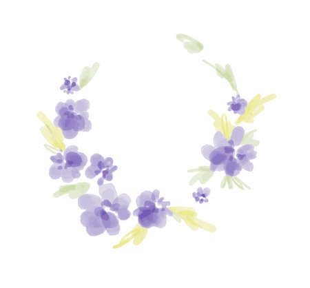 Wreath of watercolor purple flowers hand painted. Round frame for invitation ,wedding, birthday card, vector illustration.のイラスト素材