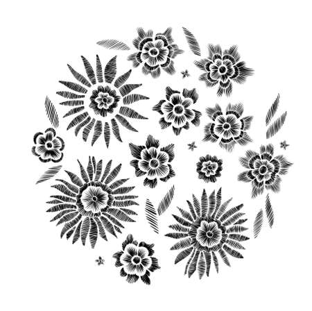 Set of floral pattern with fantasy flowers isolated. Line art. Vector illustration hand drawn. Embroidery design elements - flowers, leaves.のイラスト素材