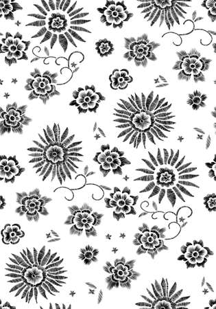 Floral seamless background pattern with fantasy flowers and leaves Line art. Embroidery flowers. Vector illustration.のイラスト素材