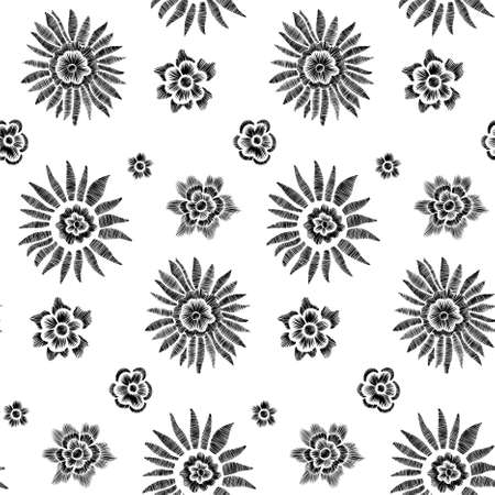 Floral seamless background pattern with fantasy flowers and leaves Line art. Embroidery flowers. Vector illustration.のイラスト素材
