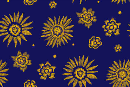 Floral seamless background pattern with fantasy flowers and leaves  Line art. Embroidery flowers. Vector illustration.のイラスト素材