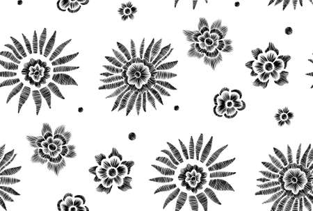 Floral seamless background pattern with fantasy flowers and leaves Line art. Embroidery flowers. Vector illustration.のイラスト素材