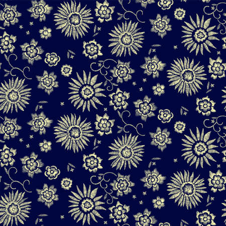 Floral seamless background pattern with fantasy flowers and leaves Line art. Embroidery flowers. Vector illustration.のイラスト素材