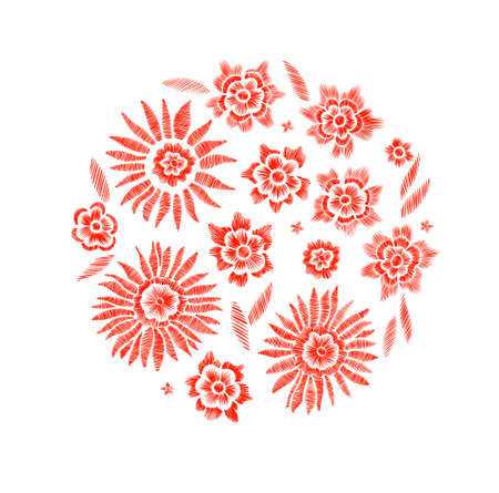 Set of floral pattern with fantasy flowers isolated. Line art. Vector illustration hand drawn. Embroidery design elements - flowers, leaves.のイラスト素材