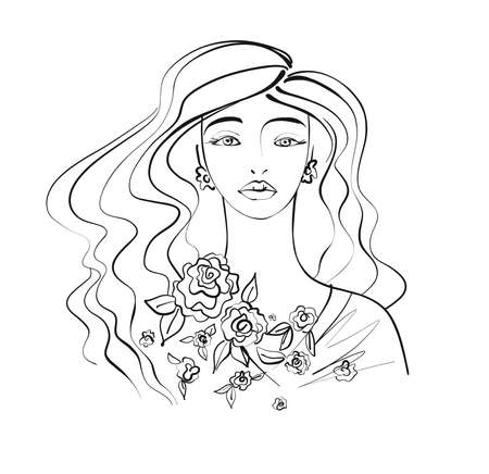 Beautiful women face with long wavy hair on white background, vector illustration hand drawnのイラスト素材
