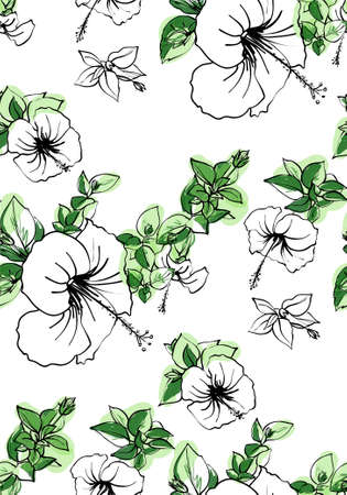 Floral seamless background pattern spring - summer season. Hibiscus flowers hand drawn.Vector illustration for textile, wrapping paper, wallpaper, ?urtains .のイラスト素材