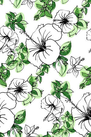 Floral seamless background pattern spring - summer season. Hibiscus flowers hand drawn.Vector illustration for textile, wrapping paper, wallpaper, ?urtains .のイラスト素材