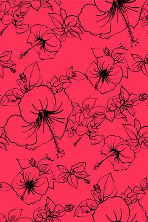 Floral seamless background pattern spring - summer season. Hibiscus flowers hand drawn.Vector illustration for textile, wrapping paper, wallpaper, ?urtains .のイラスト素材
