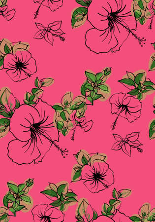 Floral seamless background pattern spring - summer season. Hibiscus flowers hand drawn.Vector illustration for textile, wrapping paper, wallpaper, ?urtains .のイラスト素材