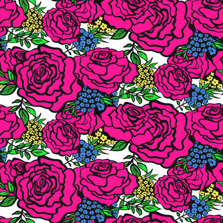 Floral seamless background pattern with roses, spring - summer season. Vector illustration for textile, wrapping paper, wallpaper, ?urtains.のイラスト素材