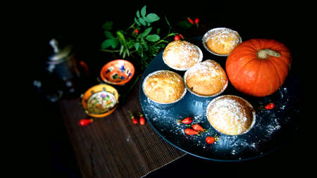 Homemade Lemon muffins with powdered sugar on a plate, on a dark background. Clothe up.の写真素材