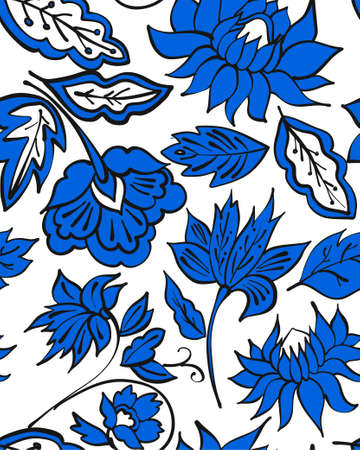 Floral seamless background pattern with fantasy flowers and leaves Line art. Embroidery flowers. Vector illustration.のイラスト素材